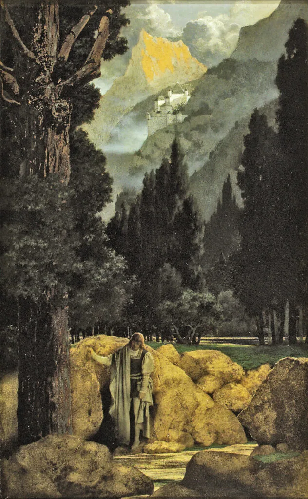 painting with a man leaning on a rock looking despondent